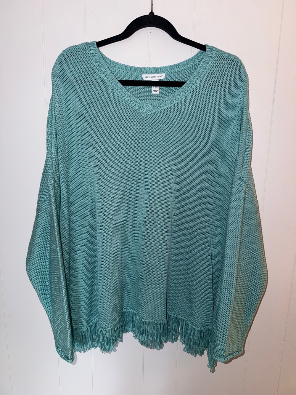 Canyon Retreat Woven V-Neck Fringe Sweater - Seafoam Green
